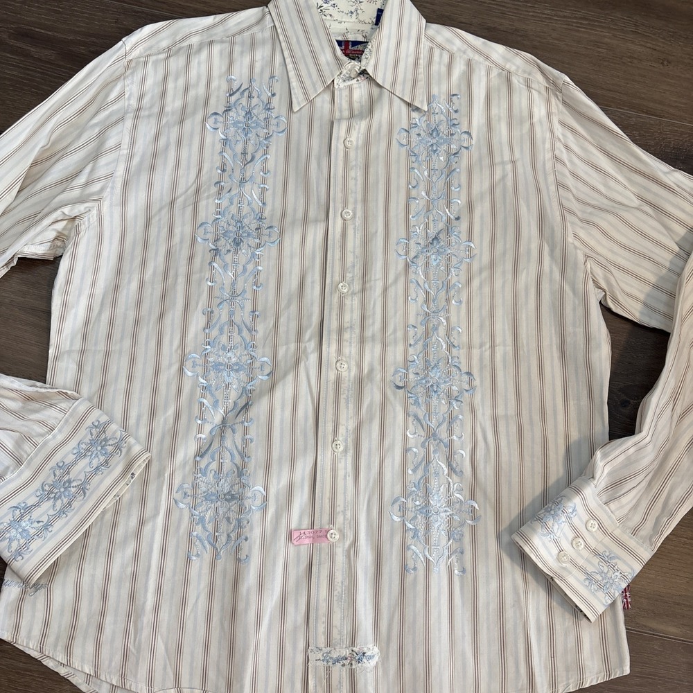 English Laundry Hand Sewn Christopher Wicks Embroidered Striped Shirt Large
